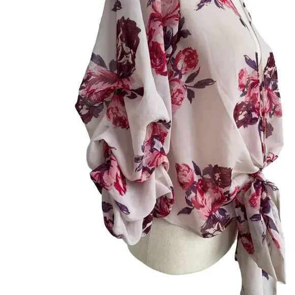 Live 4 Truth Floral Tie Front Kimono Crop Top Boho Puff Sleeve Cardigan XS NWT - Picture 7 of 10